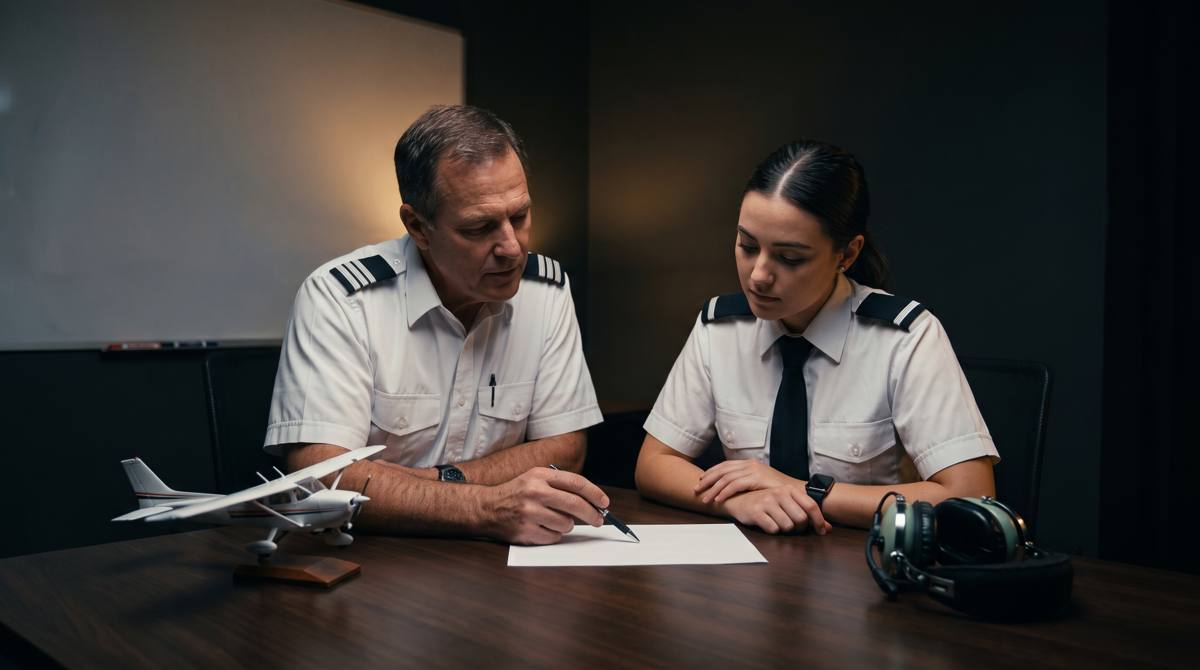 An instructor in a white pilot shirt with epaulettes explains something on paper to a student at a table, with a model aeroplane and a headset beside them.