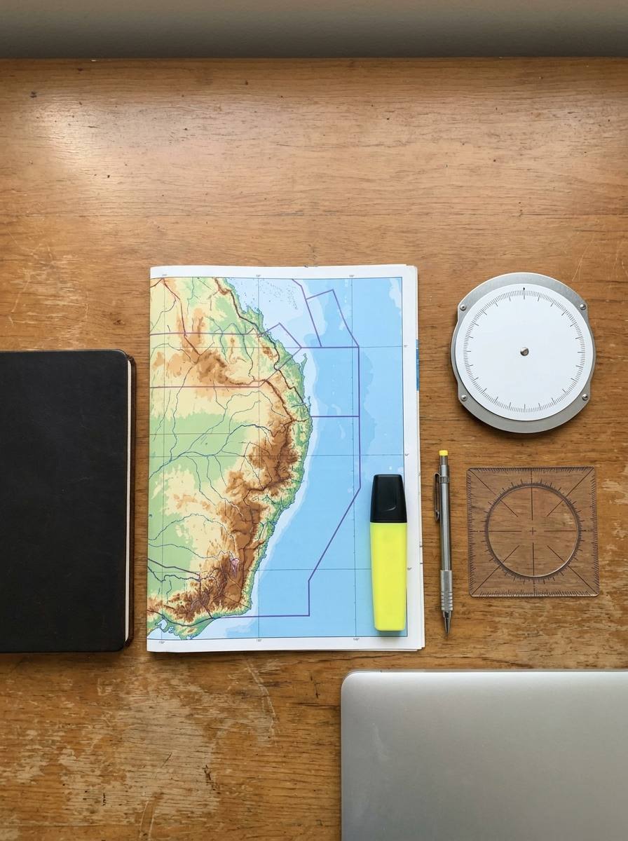 A desk seen from above with an aeronautical chart of eastern Australia, a flight computer, a pencil, a highlighter, a notebook and the edge of a laptop.